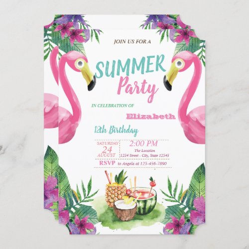 Palm LeafFruitsPink Flamingos Birthday Party Invitation