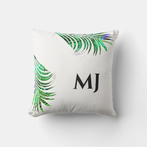 Palm Leaf Glittery Green Tropical Monogram Initial Outdoor Pillow