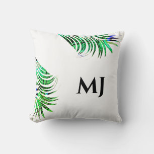 Palm Leaf Glittery Green Tropical Monogram Initial Throw Pillow