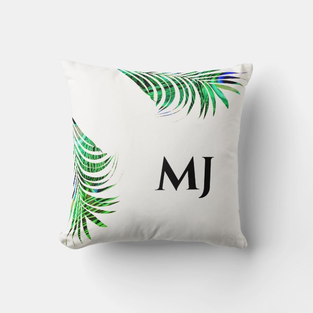 Palm Leaf Glittery Green Tropical Monogram Initial Throw Pillow (Front)