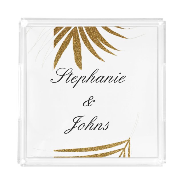Palm Leaf Gold Glitter Custom Couple Name Tropical Acrylic Tray (Front)
