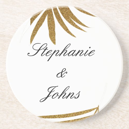 Palm Leaf Gold Glitter Custom Couple Name Tropical Coaster