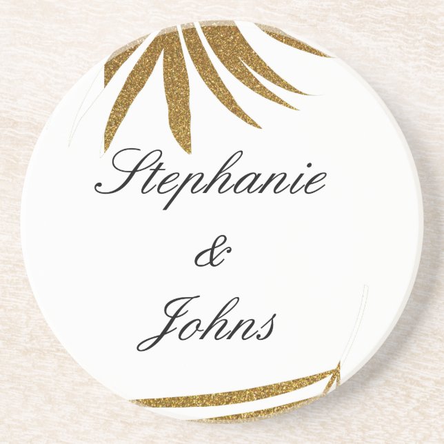 Palm Leaf Gold Glitter Custom Couple Name Tropical Coaster (Front)
