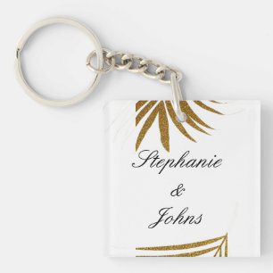 Palm Leaf Gold Glitter Custom Couple Name Tropical Keychain