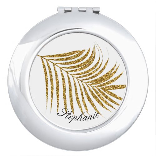 Palm Leaf Gold Glitter Custom Name Cute Gift Favor Compact Mirror