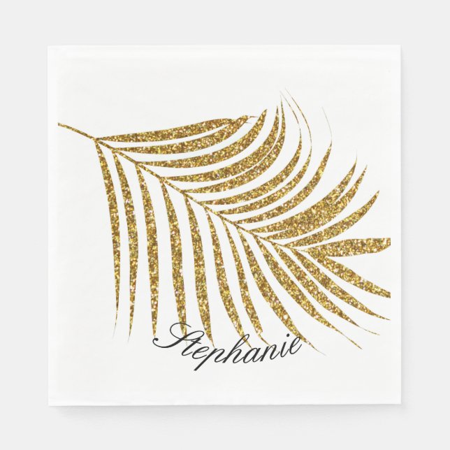 Palm Leaf Gold Glitter Custom Name Cute Trendy Napkins (Front)