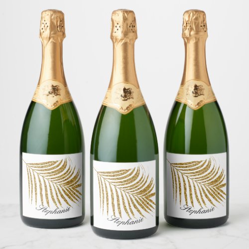 Palm Leaf Gold Glitter Custom Name Cute Trendy Sparkling Wine Label