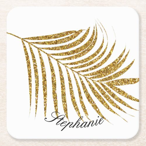 Palm Leaf Gold Glitter Custom Name Cute Trendy Square Paper Coaster