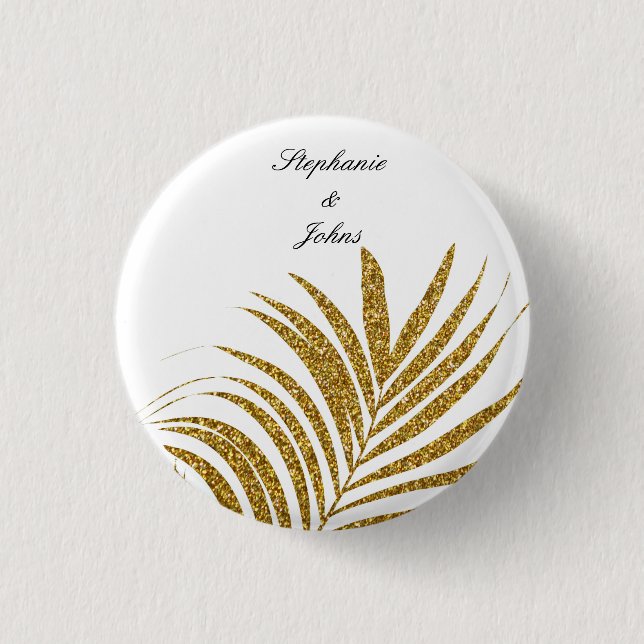 Palm Leaf Gold Glitter Custom Name Trendy Wedding  Button (Front)