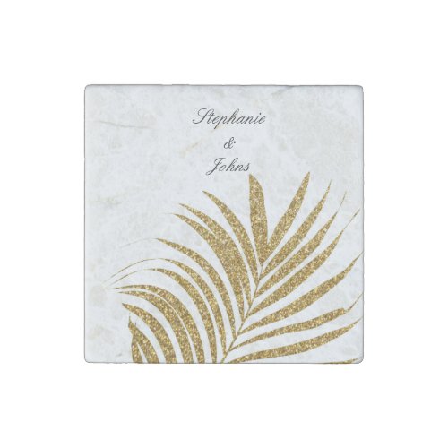 Palm Leaf Gold Glitter Custom Name Trendy Wedding  Stone Magnet