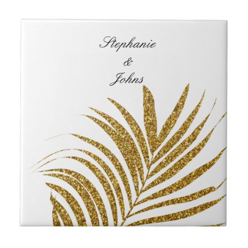 Palm Leaf Gold Glitter Custom Name Wedding Gift Ceramic Tile