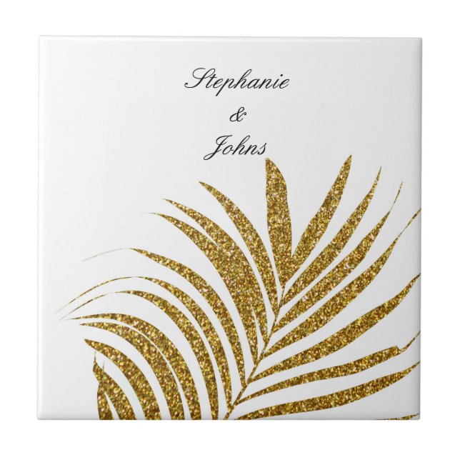 Palm Leaf Gold Glitter Custom Name Wedding Gift Ceramic Tile (Front)