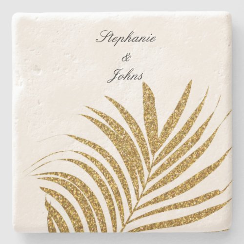 Palm Leaf Gold Glitter Custom Name Wedding Gift Stone Coaster