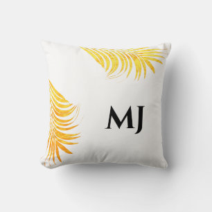 Palm Leaf Gold White Tropical Mnogram Initials Throw Pillow