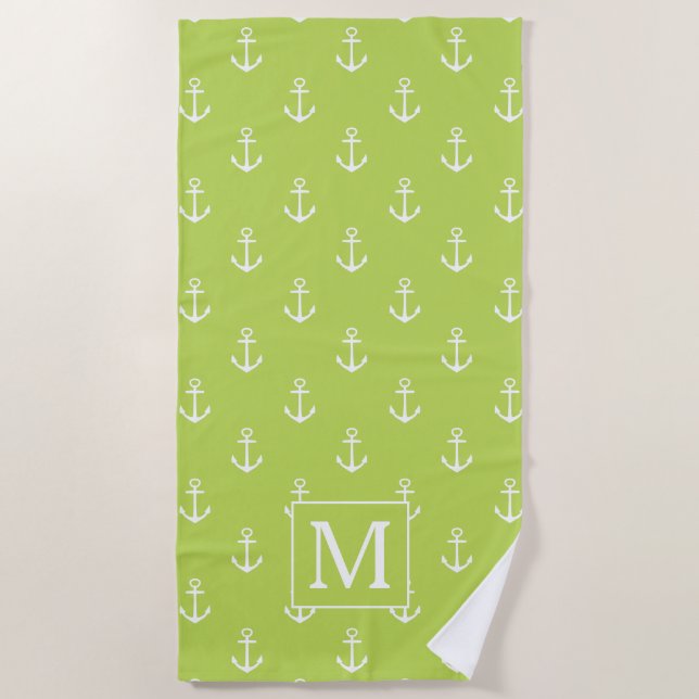 Palm Leaf Green and White Anchors Monogram Beach Towel (Front)