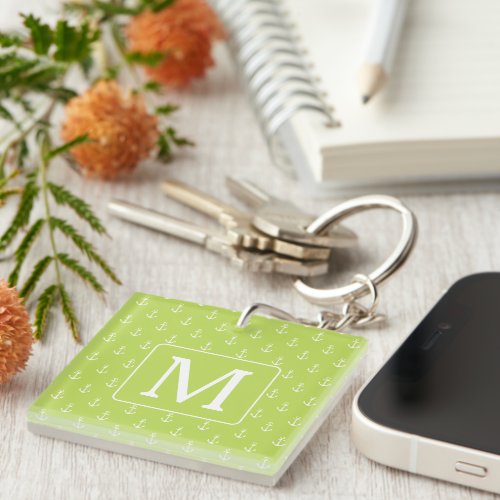 Palm Leaf Green and White Anchors Monogram Keychain