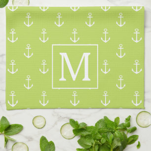 Palm Leaf Green and White Anchors Monogram Kitchen Towel