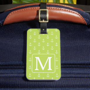 Palm Leaf Green and White Anchors Monogram Luggage Tag