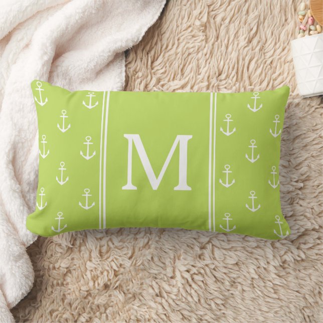 Palm Leaf Green and White Anchors Monogram Lumbar Pillow (Blanket)