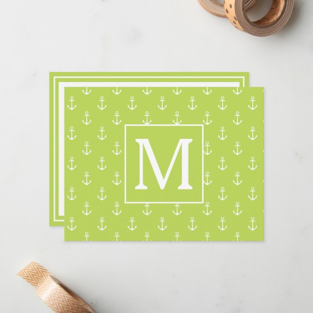 Palm Leaf Green and White Anchors Monogram Note Card (Front/Back In Situ)