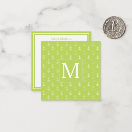 Palm Leaf Green and White Anchors Monogram Note Card