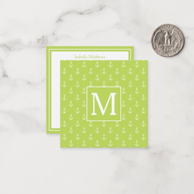 Palm Leaf Green and White Anchors Monogram Note Card (Front/Back In Situ)