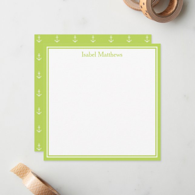 Palm Leaf Green and White Anchors Monogram Note Card (Front/Back In Situ)