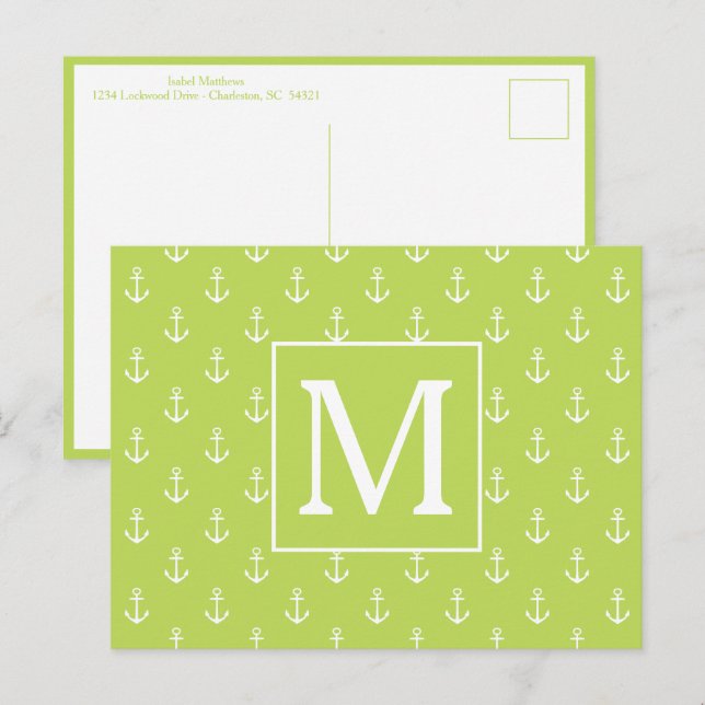Palm Leaf Green and White Anchors Monogram Postcard (Front/Back)