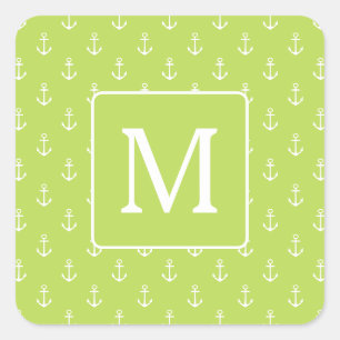 Palm Leaf Green and White Anchors Monogram Square Sticker