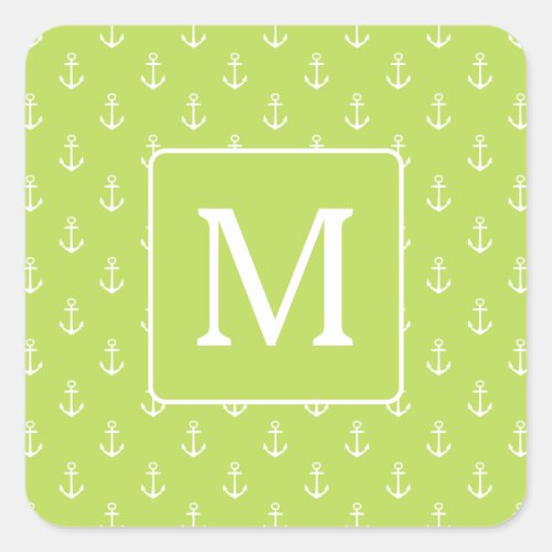 Palm Leaf Green and White Anchors Monogram Square Sticker