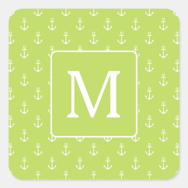 Palm Leaf Green and White Anchors Monogram Square Sticker (Front)