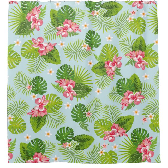 Palm Leaf Green Pink Hibiscus Shower Curtain (Front)