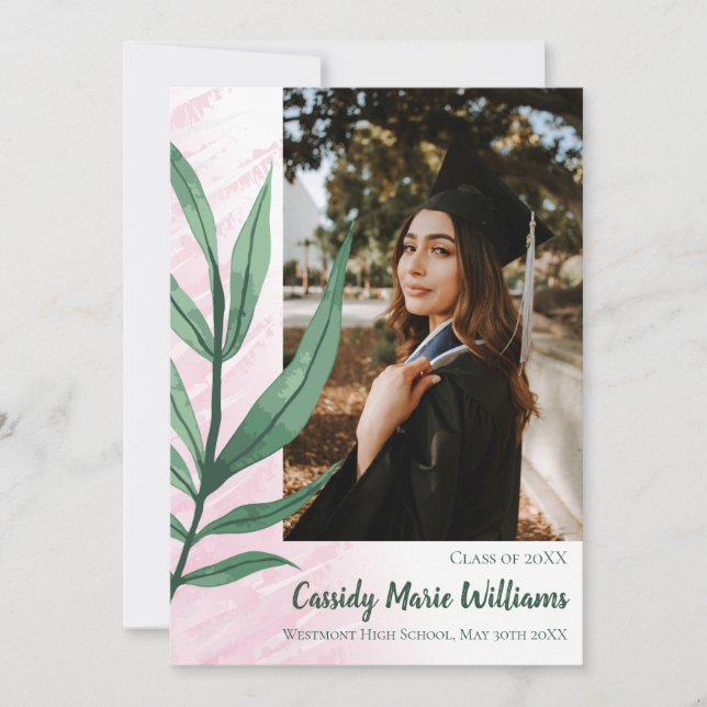 Palm Leaf Green Pink Plant Graduation Announcement (Front)