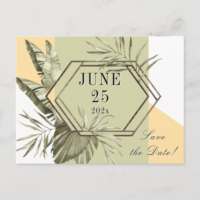 Palm Leaf Greenery Save the Date Postcard (Front)