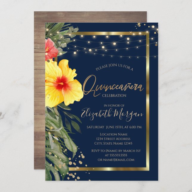 Palm Leaf Hibiscus,Lights,Wood,Frame Quinceanera Invitation (Front/Back)