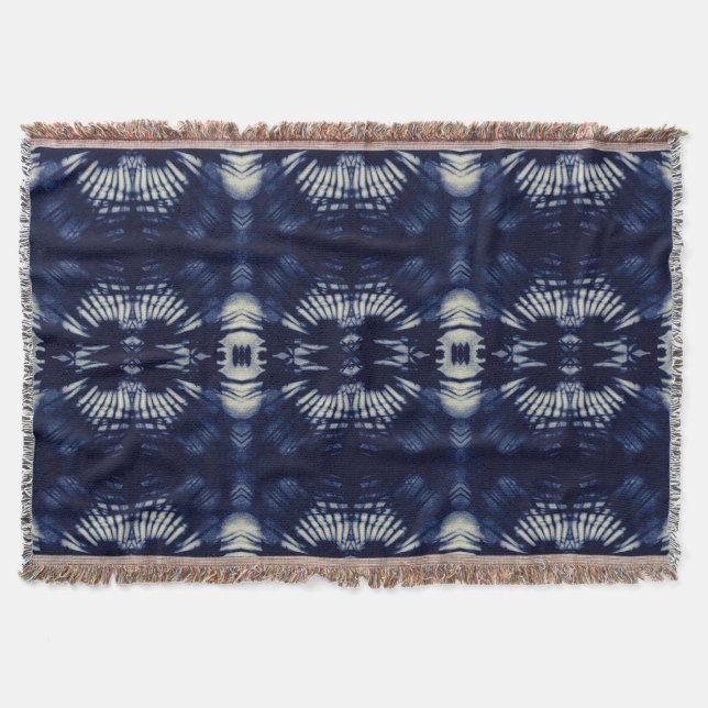 Palm Leaf in Delft Blue | Symmetrical Botanical Throw Blanket (Front)