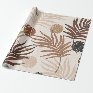 palm leaf line art seamless pattern on earth toned wrapping paper