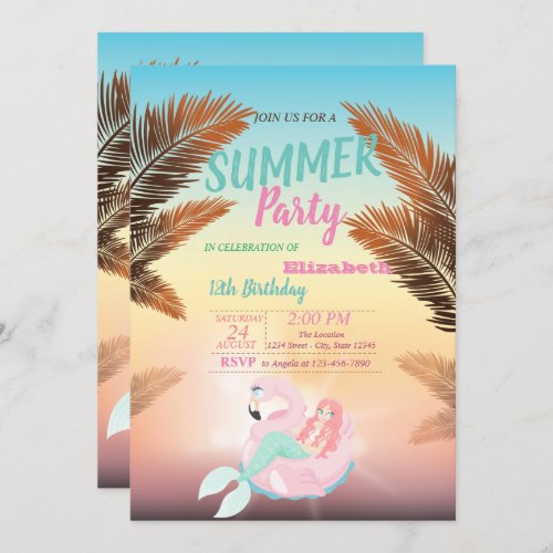 Palm Leaf Mermaid Birthday Party Invitation