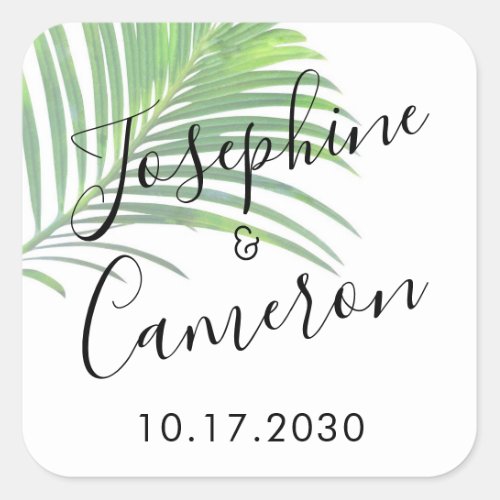 Palm Leaf Modern Beach Destination Wedding Favor Square Sticker