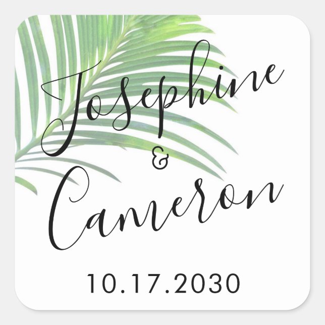 Palm Leaf Modern Beach Destination Wedding Favor Square Sticker (Front)
