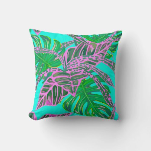 Palm leaf monstera coleus tropical blue pink throw pillow