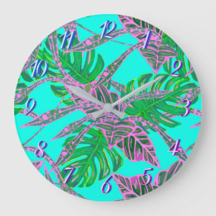 Palm leaf monstera coleus tropical ice blue pink large clock