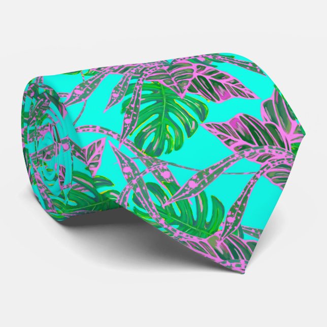 Palm leaf monstera coleus tropical teal pink green neck tie (Rolled)