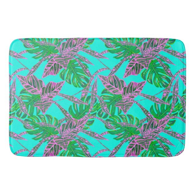 Palm leaf monstera coleus tropical turquoise pink bath mat (Front)
