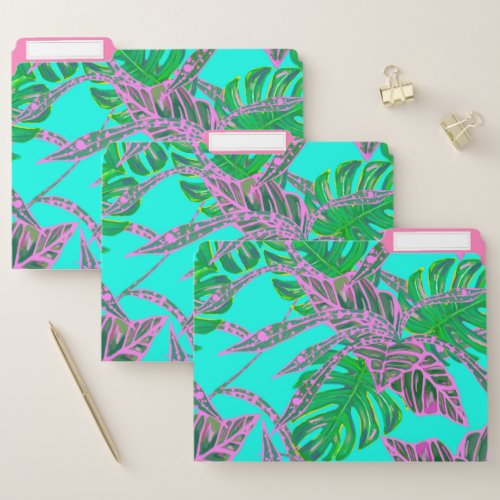 Palm leaf monstera coleus tropical turquoise pink file folder