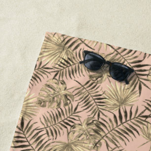 Palm leaf monstera tropical peach pink and gold beach towel