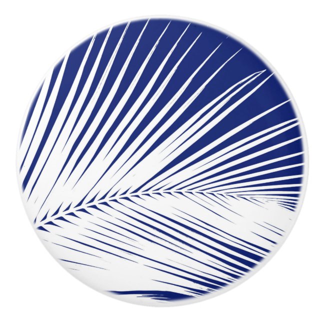 Palm leaf - navy blue and white ceramic knob (Front)