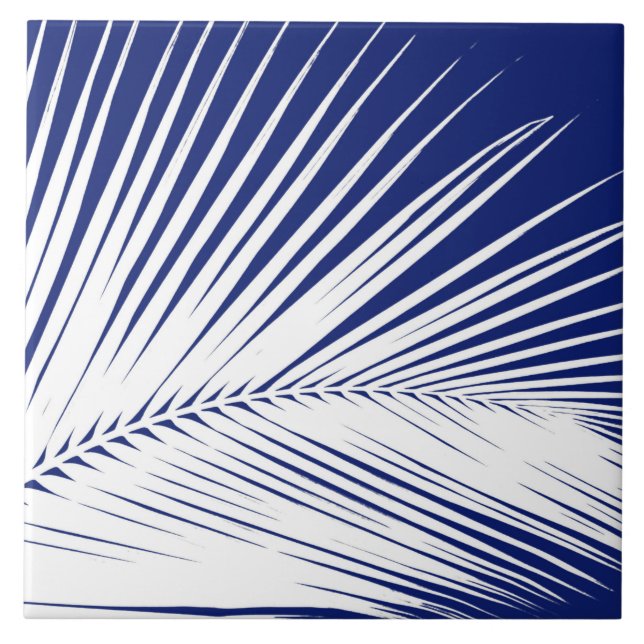 Palm leaf - navy blue and white ceramic tile (Front)