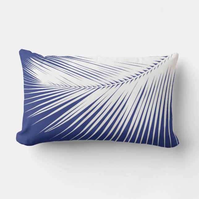 Palm leaf - navy blue and white lumbar pillow (Front)