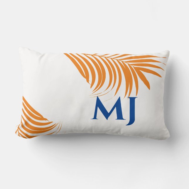 Palm Leaf Orange Blue Tropical Monogram Initials Lumbar Pillow (Front)